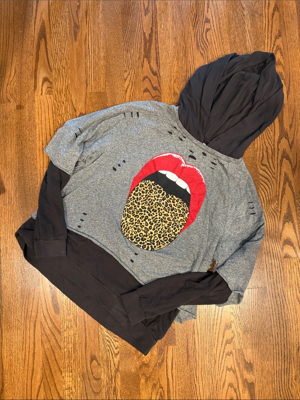 Lauren Moshi charcoal Hooded Sweater with Red Leopard-Print Tongue Graphic